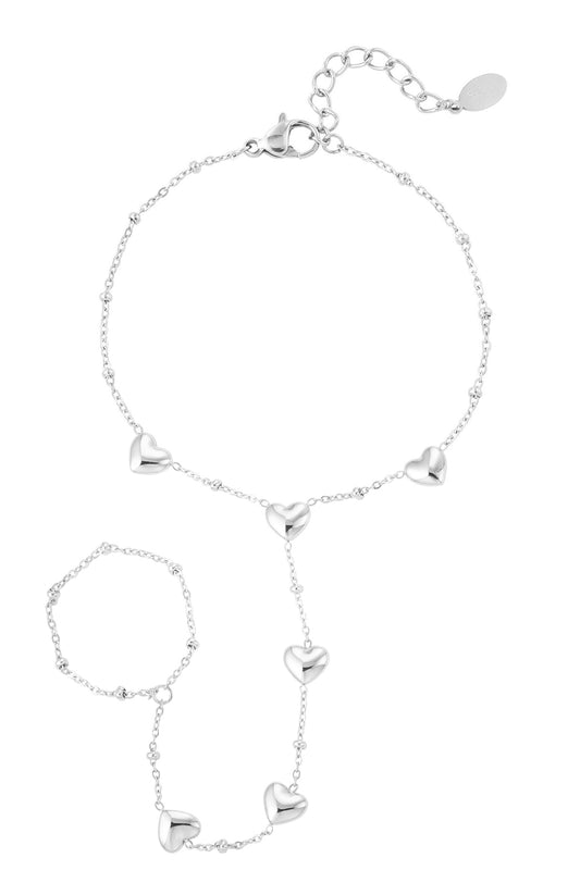 Zilveren Romantic Heart Hand Chain met hartjes en ring effect van stainless steel