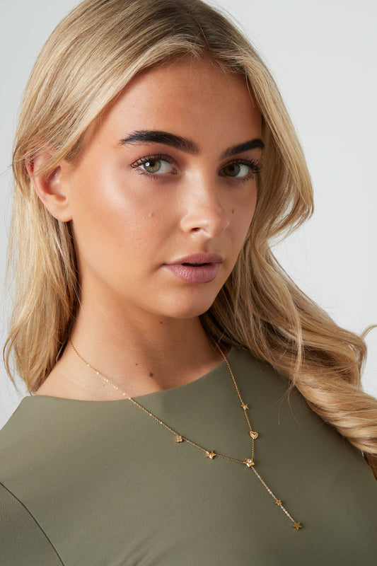 Gouden Y-ketting met ster en hart bedels