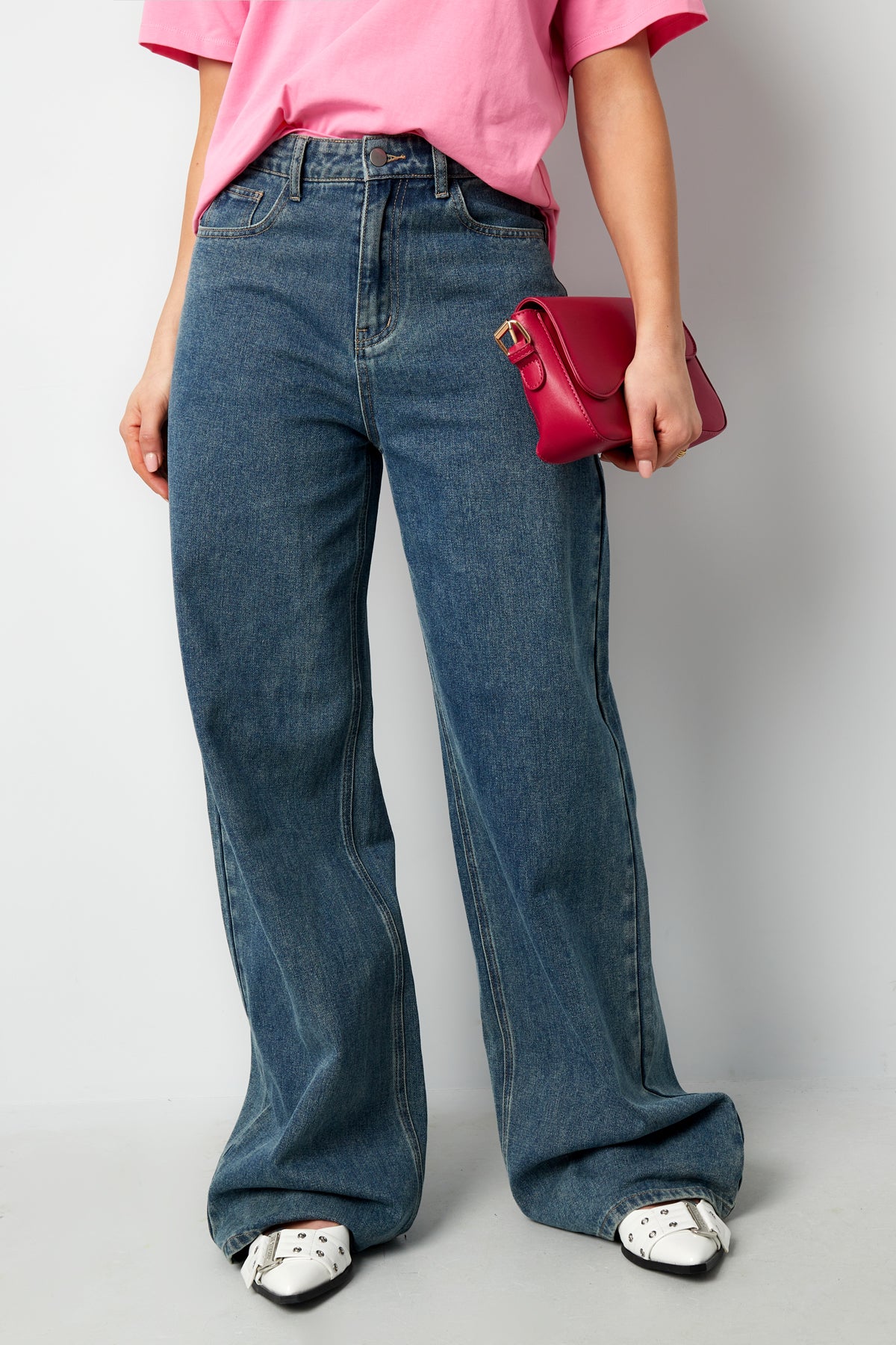 Geweven Katoen Vrouwen Wide Leg Jeans Casual Solide Kleur