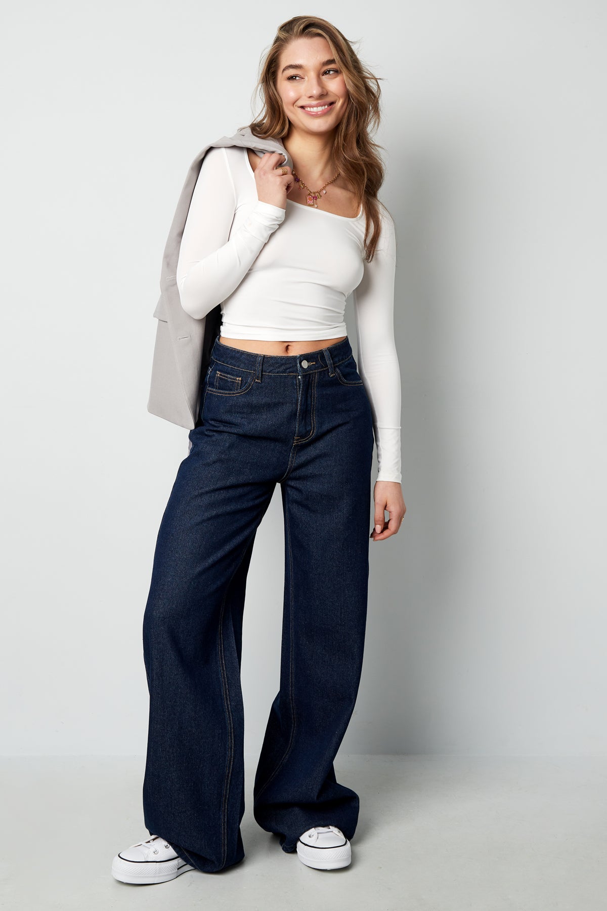 Geweven Katoen Vrouwen Wide Leg Jeans Casual Solide Kleur