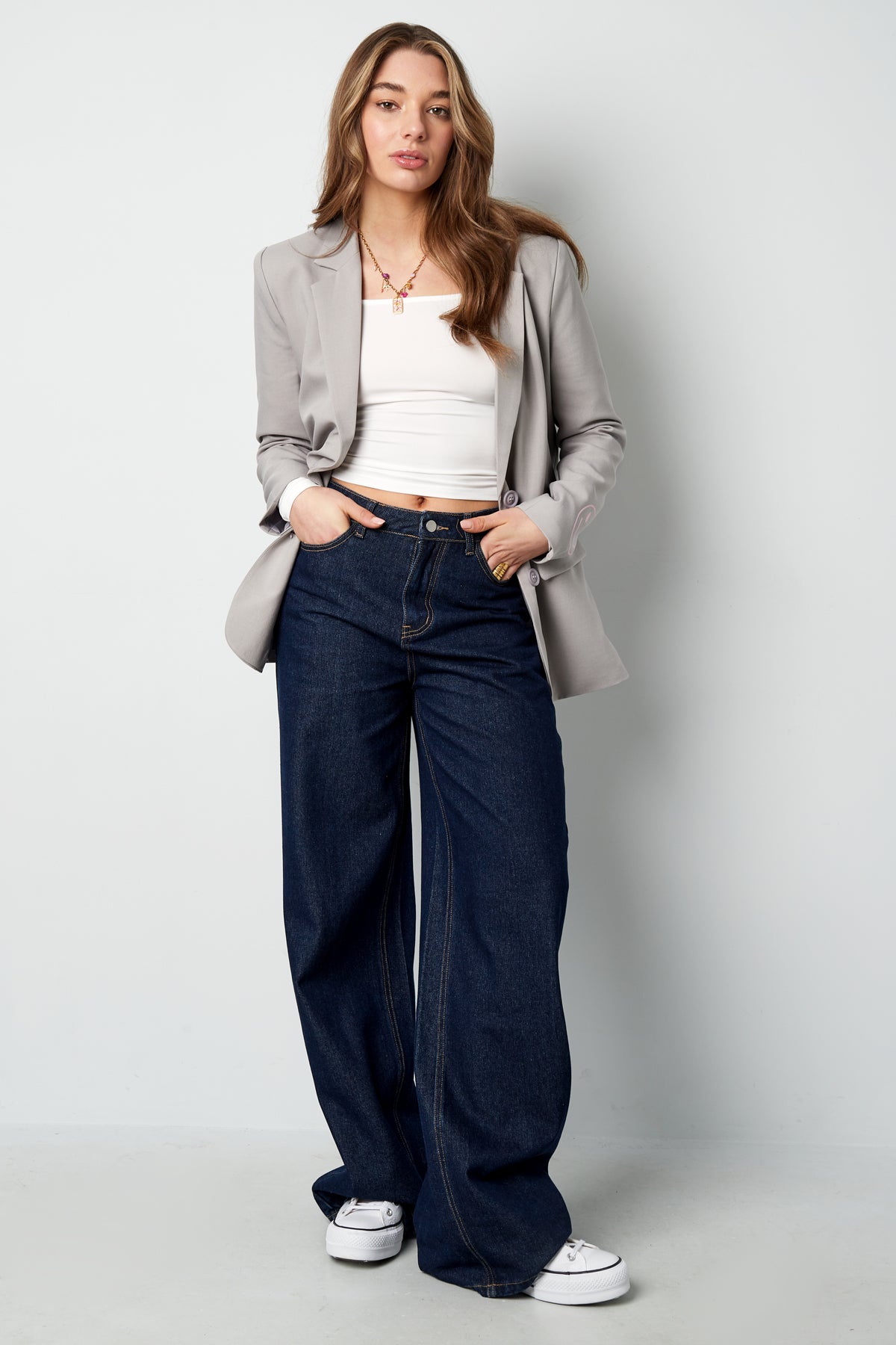 Geweven Katoen Vrouwen Wide Leg Jeans Casual Solide Kleur