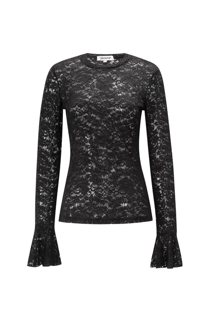 Geweven Polyester Lange Mouwen Tops Elegante Kanten Panel