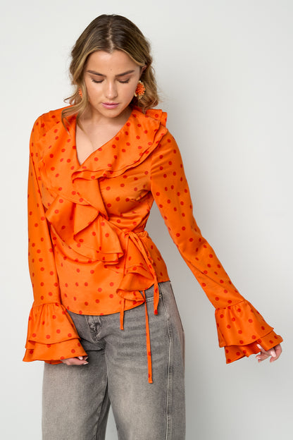 Oranje polkadot wikkelblouse met ruffles 