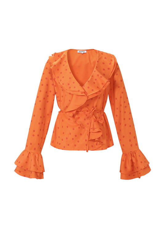 Koningsdag Oranje polkadot wikkelblouse met ruffles