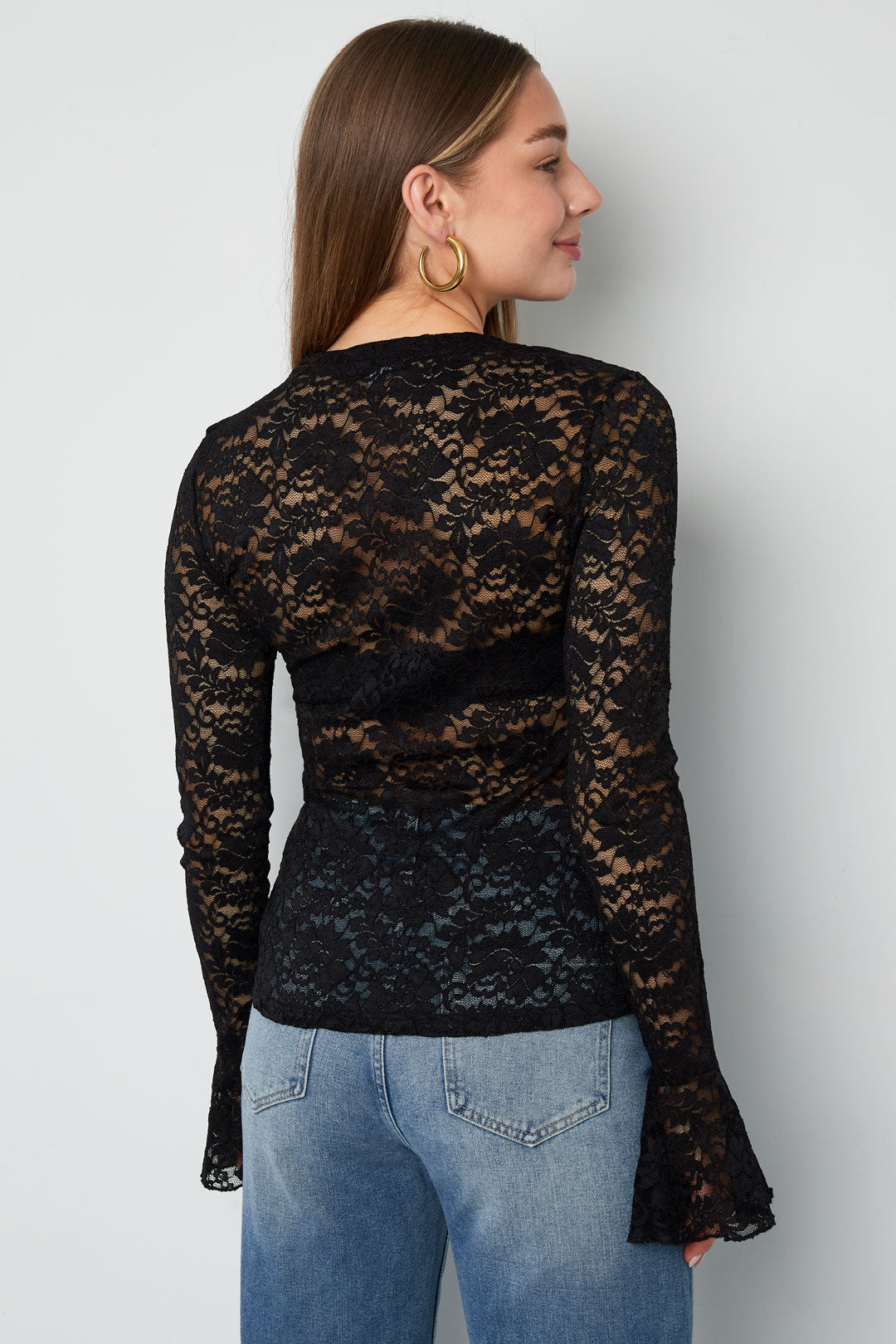 Geweven Polyester Lange Mouwen Tops Elegante Kanten Panel