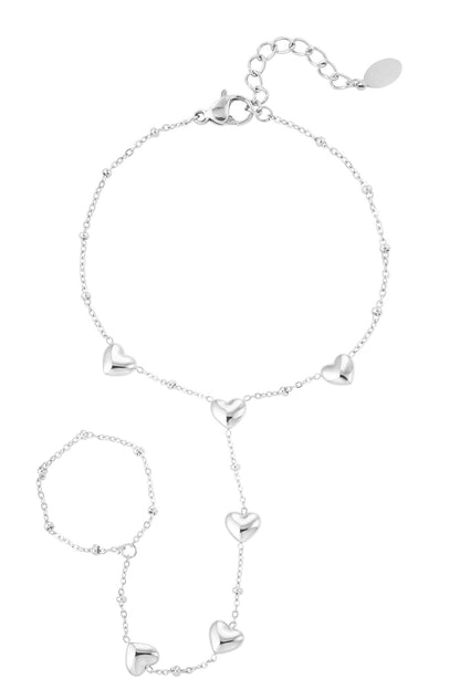 Zilveren Romantic Heart Hand Chain met hartjes en ring effect van stainless steel