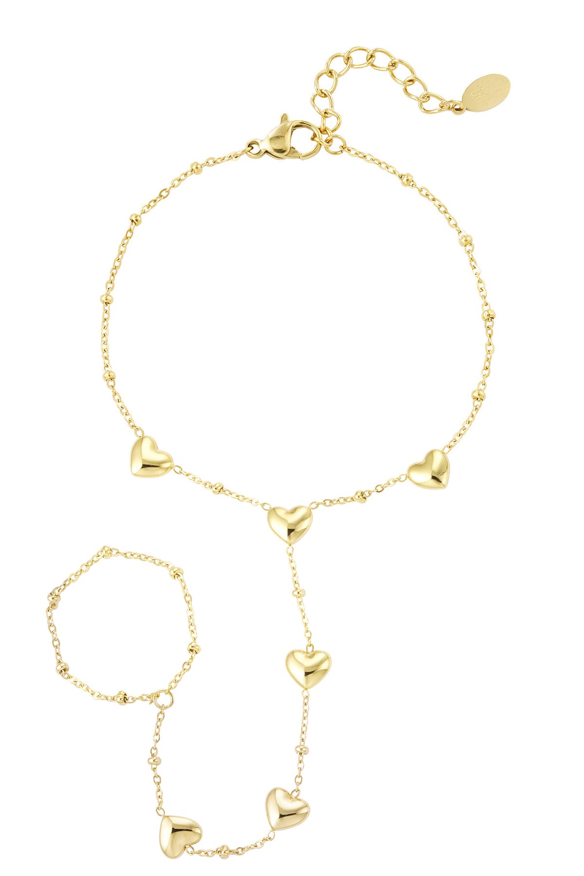 Gouden Romantic Heart Hand Chain met hartjes en ring effect van stainless steel