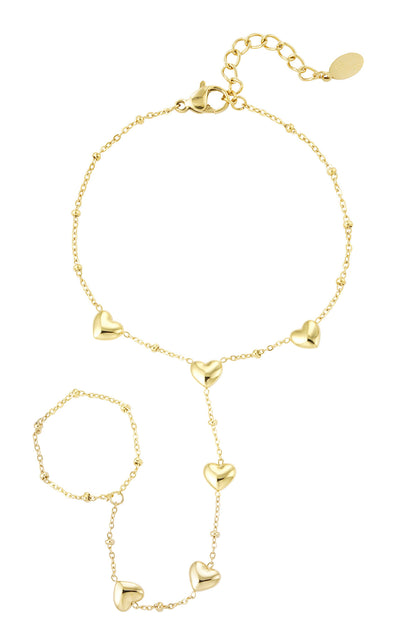 Gouden Romantic Heart Hand Chain met hartjes en ring effect van stainless steel