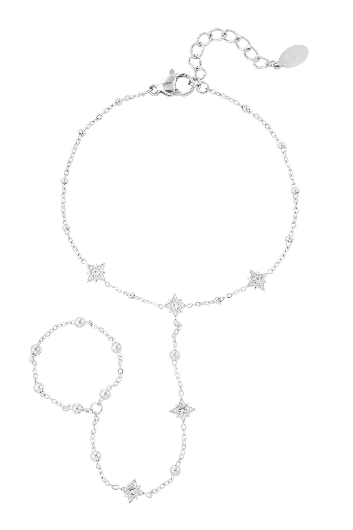 Zilveren hand chain met steentjes en sterren schakels voor dames 