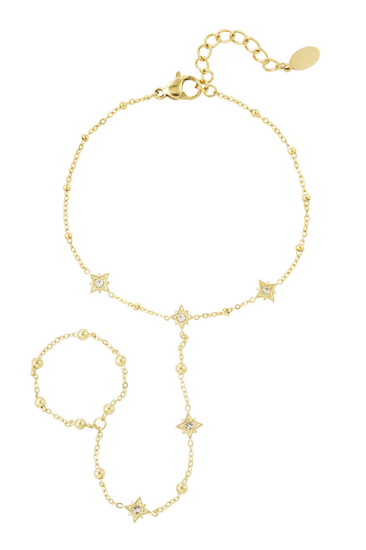 Gouden hand chain met steentjes en sterren schakels voor dames 