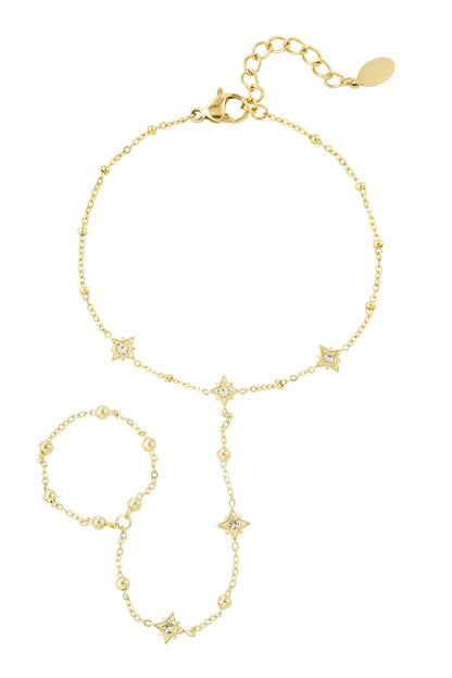Gouden hand chain met steentjes en sterren schakels voor dames 