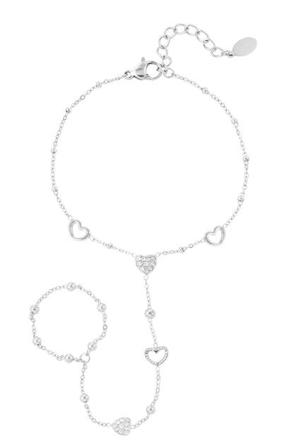 Zilveren Hand chain met hartjes en ring effect, glinsterend detail 