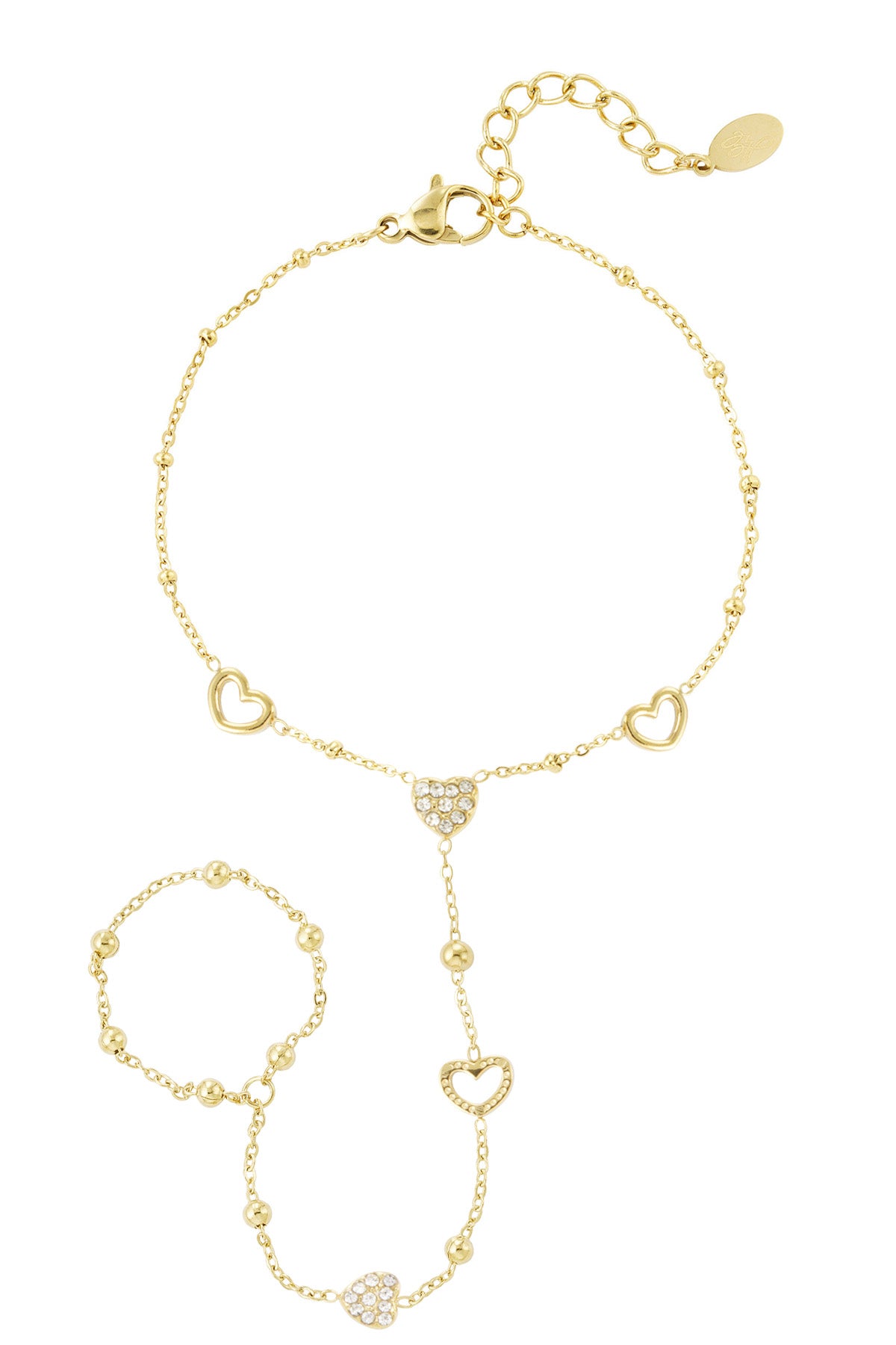 Gouden  Heart Hand Chain met hartjes en steentjes