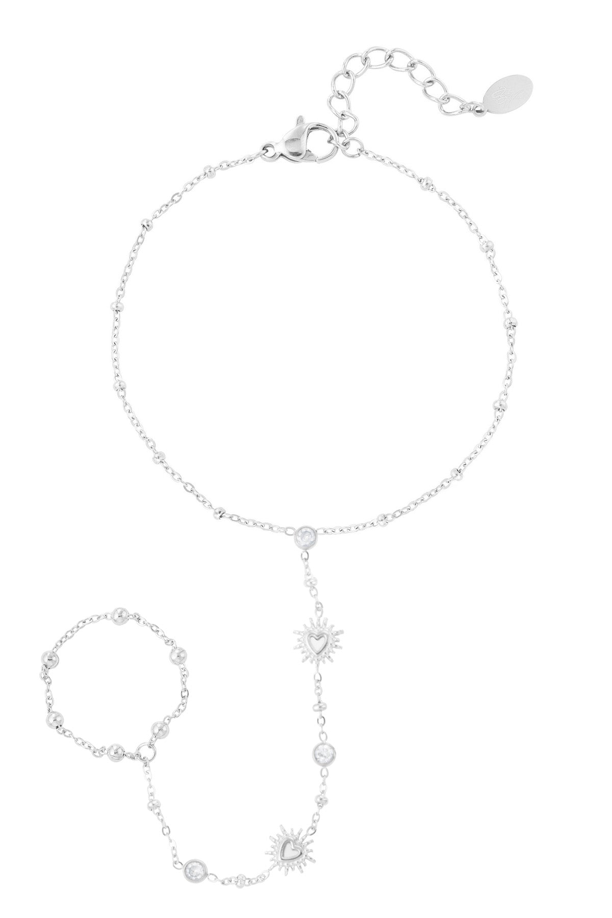 Zilveren Hand chain met zonvormige details en ring effect