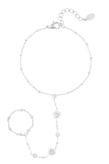 Zilveren Hand chain met zonvormige details en ring effect