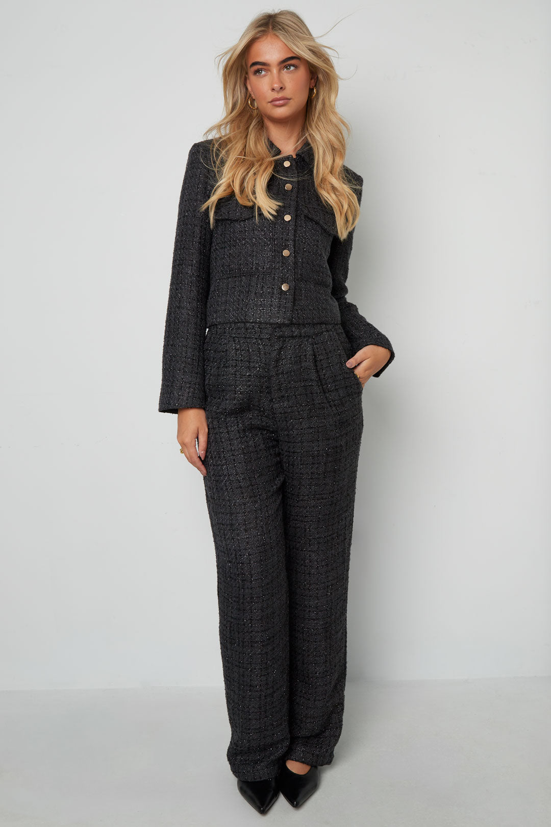 Dames tweed tailored rechte broek grijs - voorkant