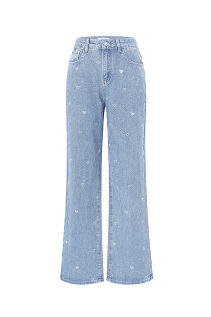 Cotton Woven Vrouwen Rechte Jeans Hart Borduurwerk Casual