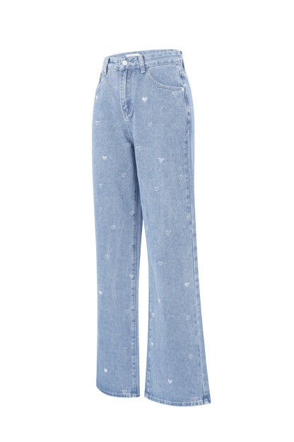 Cotton Woven Vrouwen Rechte Jeans Hart Borduurwerk Casual