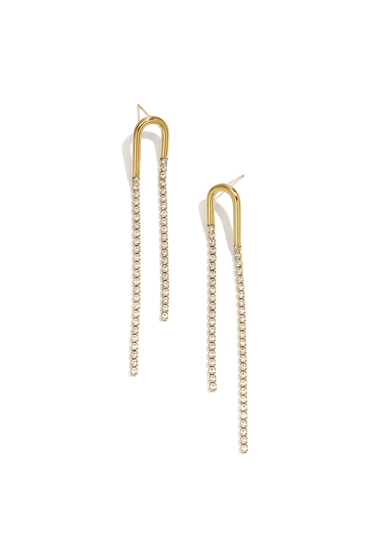 Goudkleurige Tennis Crystal Earrings met lange strass chains op witte achtergrond