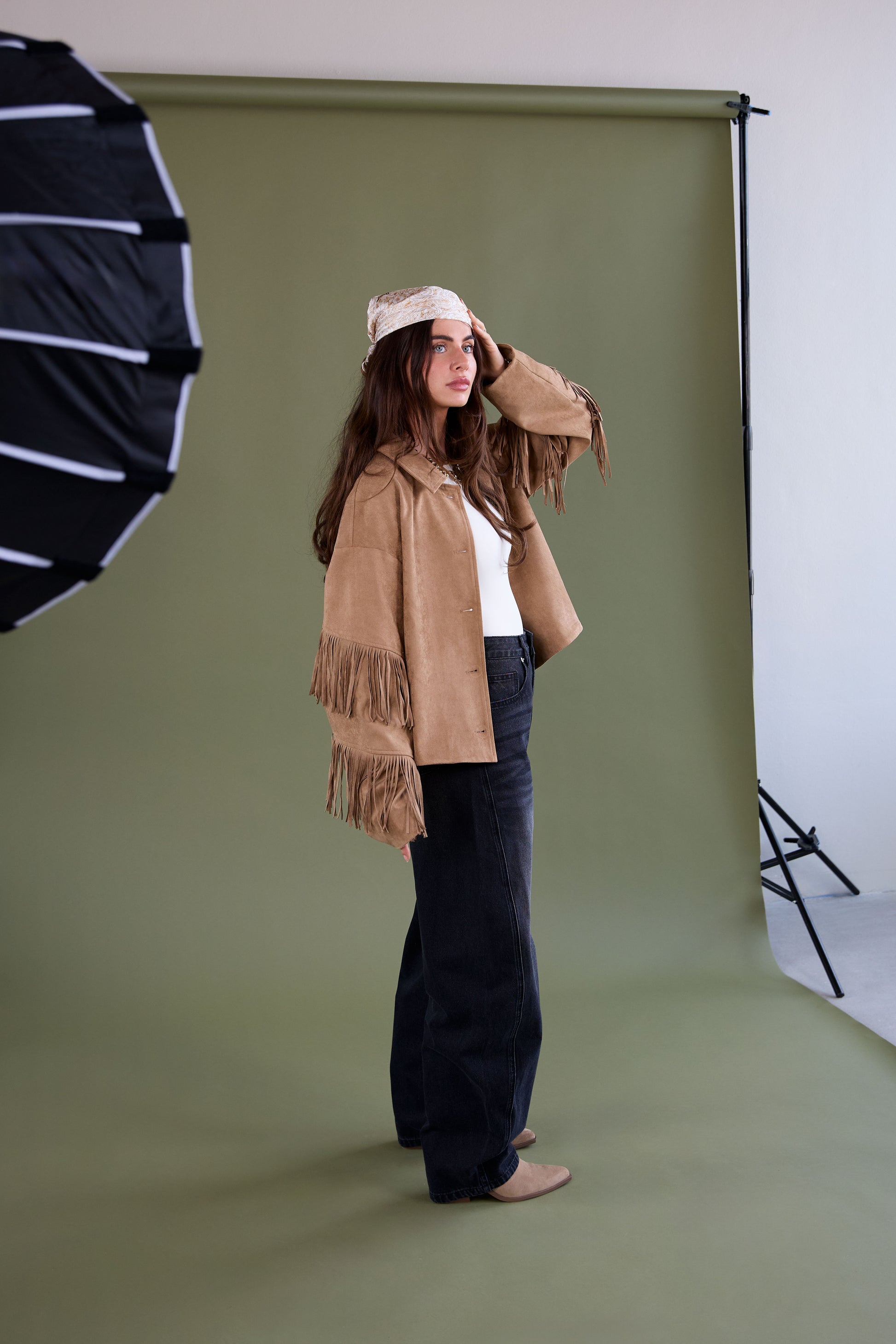 Suedelook jasje met franjes