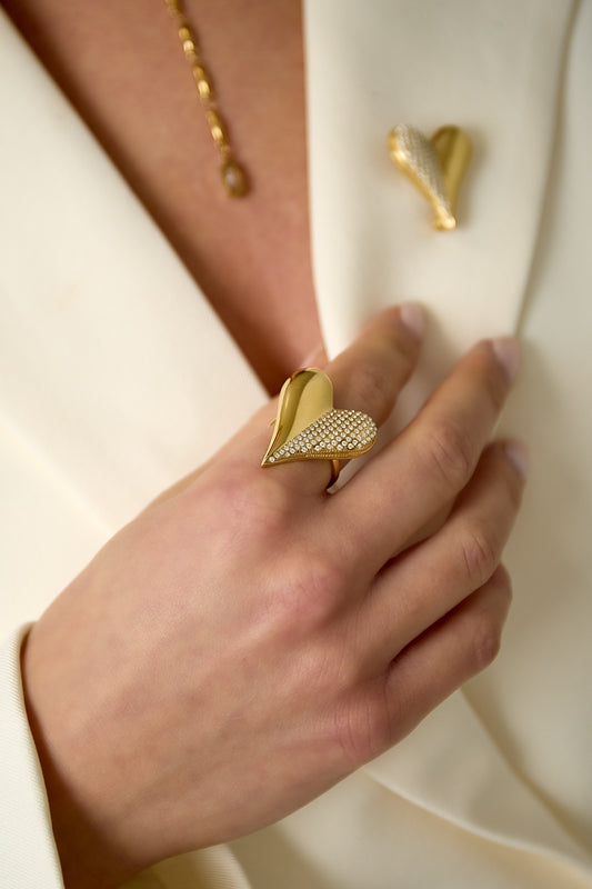Gouden hart ring met strass steentjes van roestvrij staal