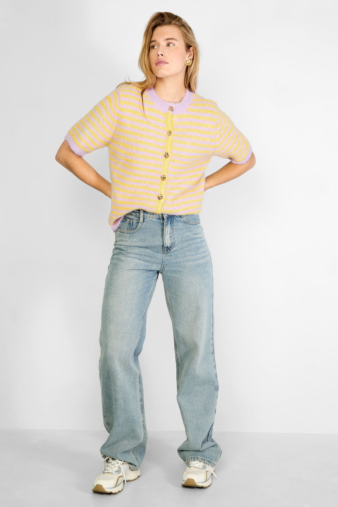 Gebreide top met strepen pastel geel en lila