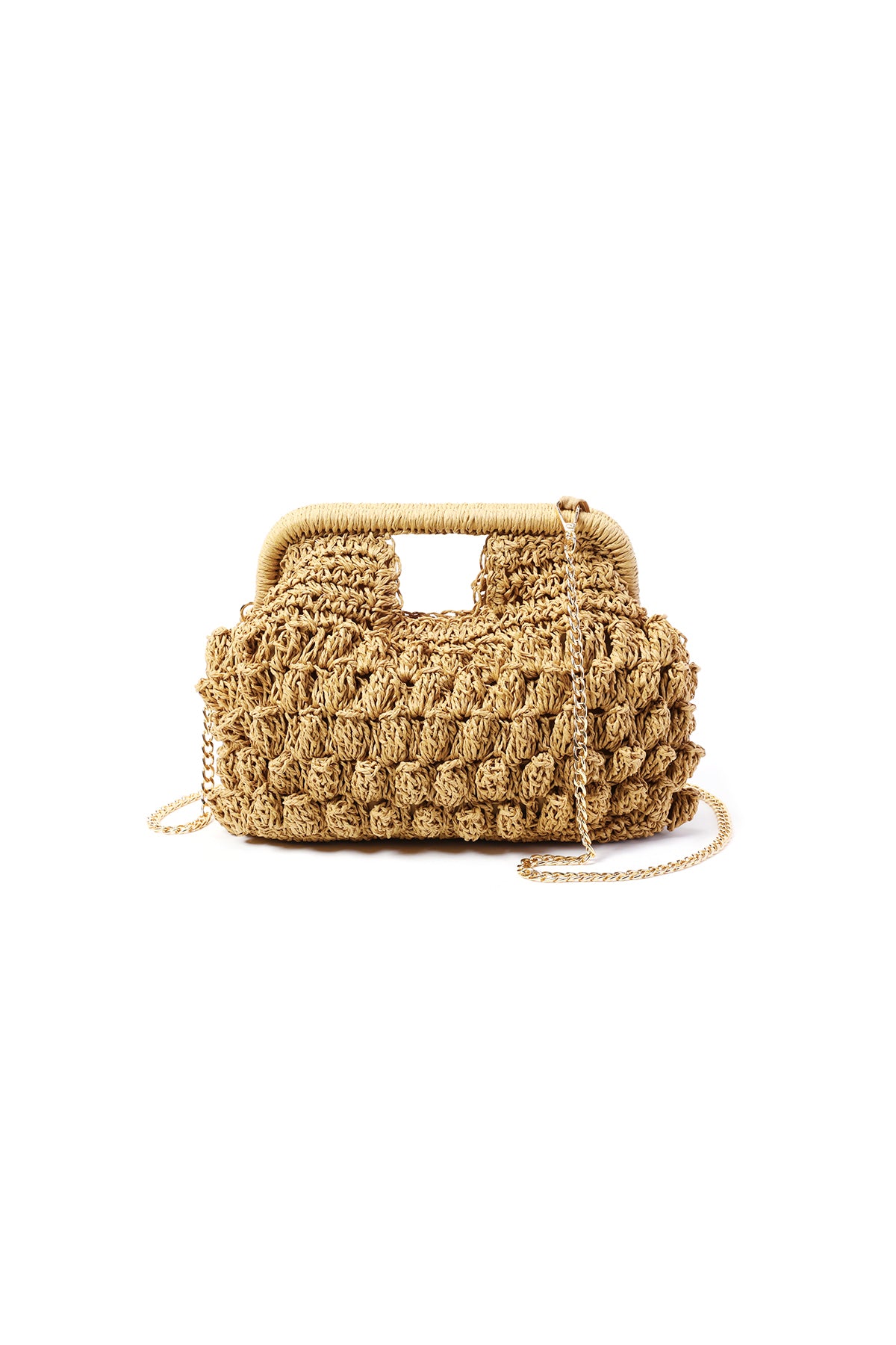 Dames strandtas khaki met gouden ketting.