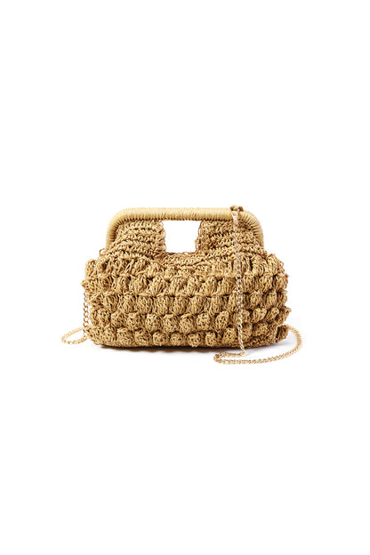 Dames strandtas khaki met gouden ketting.