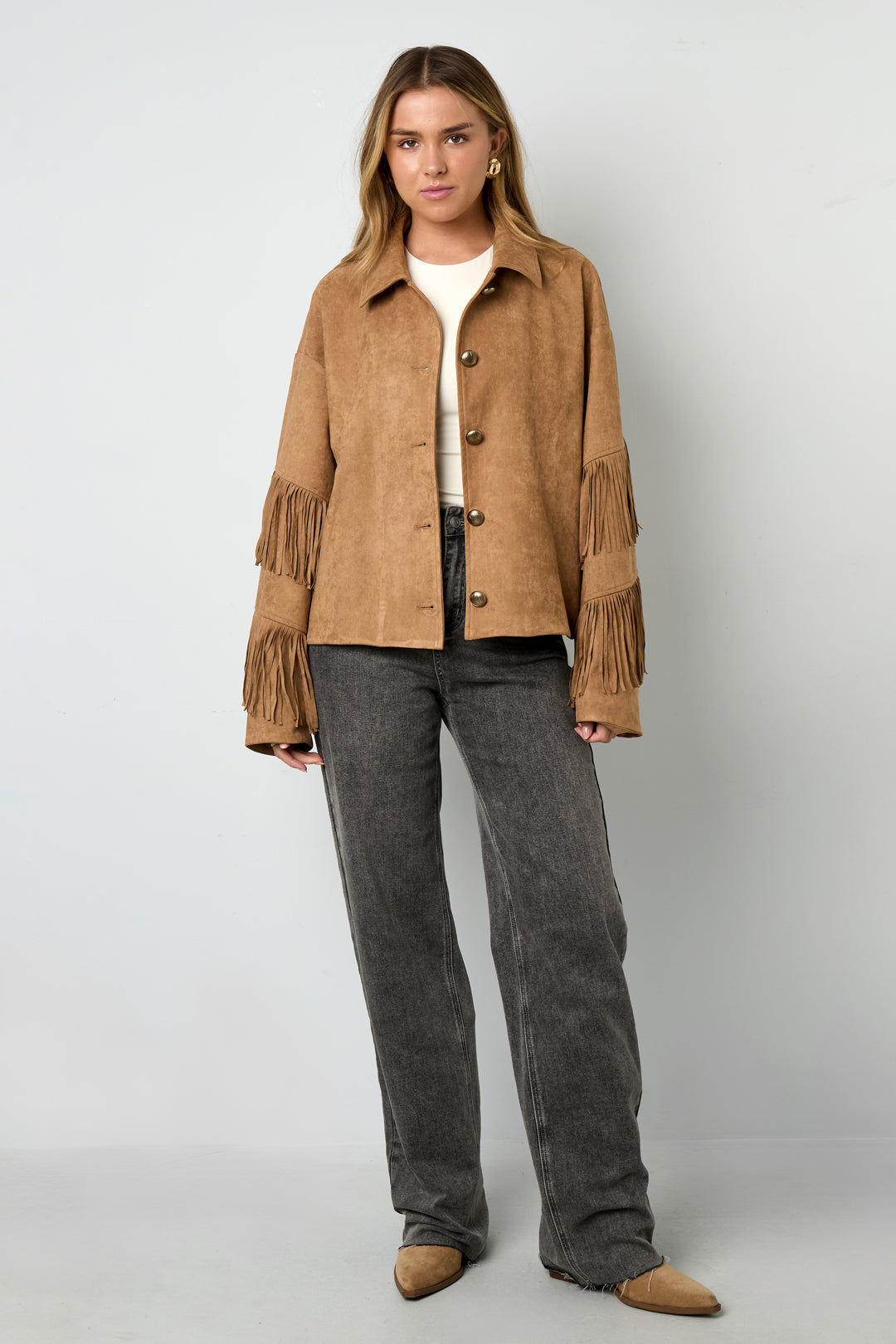 Suedelook jasje met franjes