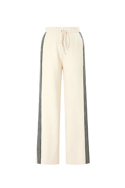 Gebreide loungebroek met zijstrepen beige